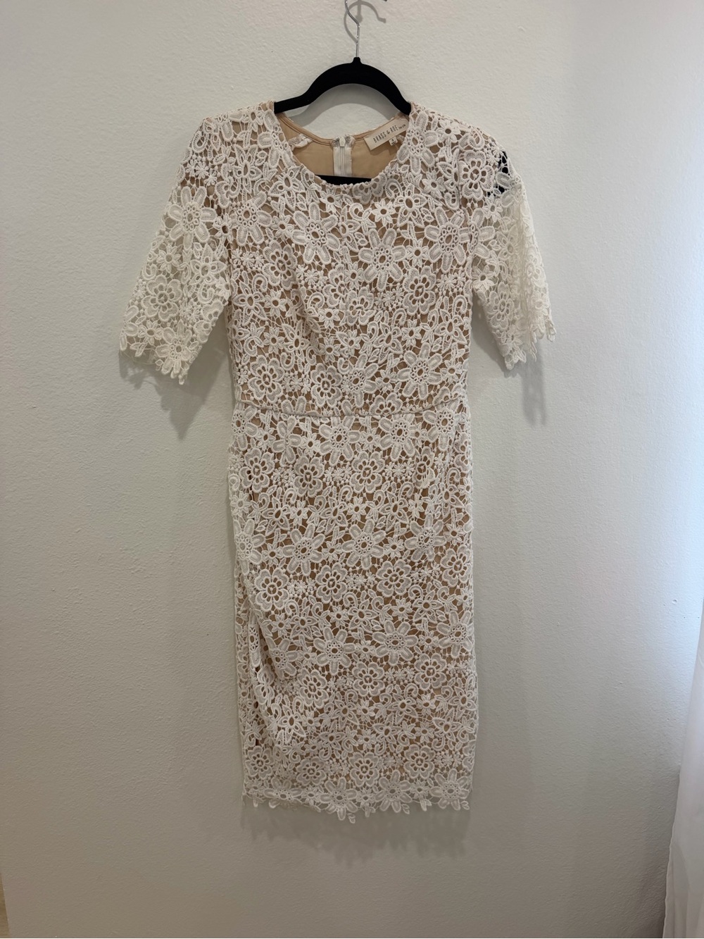 White Floral Crochet Lace Sheath Dress with Nude Lining